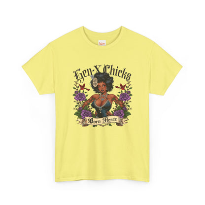 Gen X Chicks Born Fierce T-Shirt — Retro African American Rocker with Purple Flowers