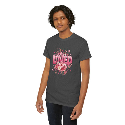 Charming 'Loved' T-Shirt with Pink Bubble Letters & Flower Decor