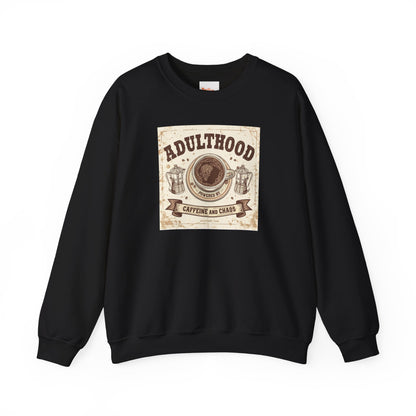 Adulthood Powered by Caffeine and Chaos Sweatshirt — Coffee & Old West Wanted Poster Graphic