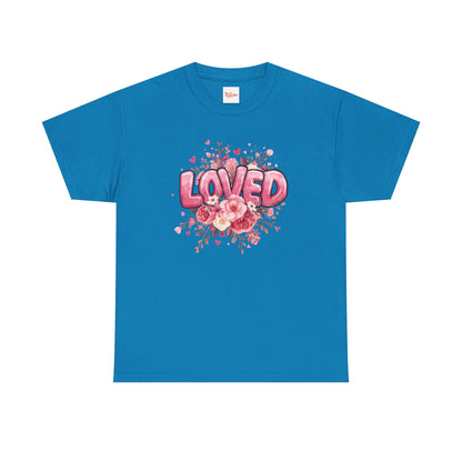 Charming 'Loved' T-Shirt with Pink Bubble Letters & Flower Decor