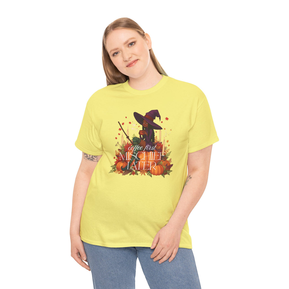 Witchy Pumpkin Patch Tee — "Coffee First, Mischief Later" Black Witch Latte Graphic