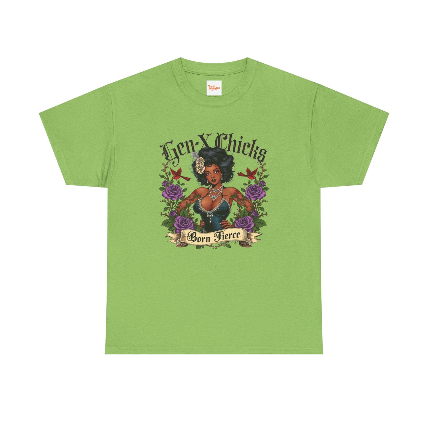 Gen X Chicks Born Fierce T-Shirt — Retro African American Rocker with Purple Flowers