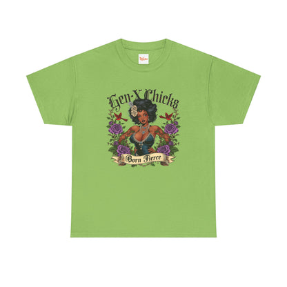 Gen X Chicks Born Fierce T-Shirt — Retro African American Rocker with Purple Flowers