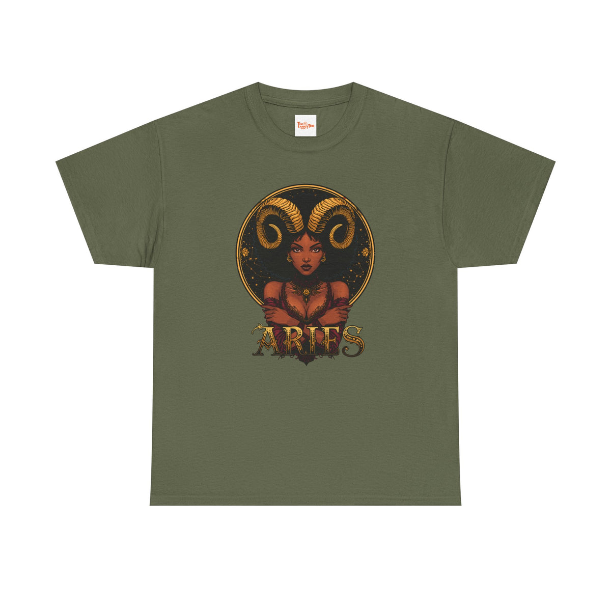 Aries Art Nouveau Tee — African American Woman with Ram Horns Zodiac Graphic