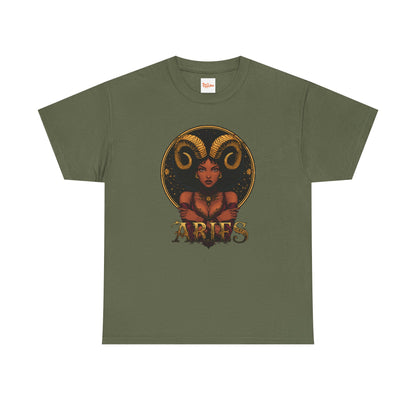 Aries Art Nouveau Tee — African American Woman with Ram Horns Zodiac Graphic