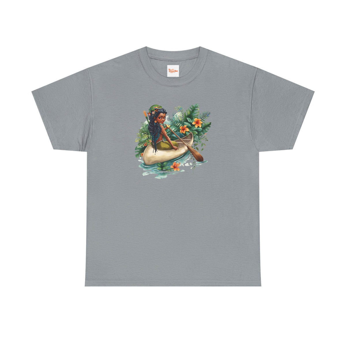 Mermaid Canoe T-Shirt — Black Mermaid Rowing Through Jungle with Frog Graphic