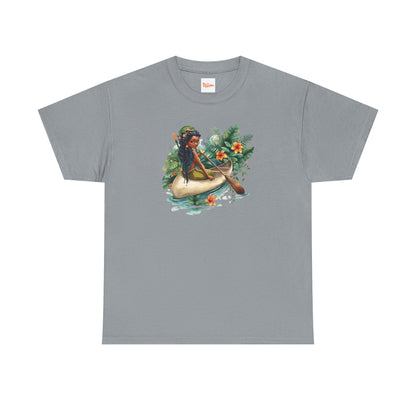 Mermaid Canoe T-Shirt — Black Mermaid Rowing Through Jungle with Frog Graphic