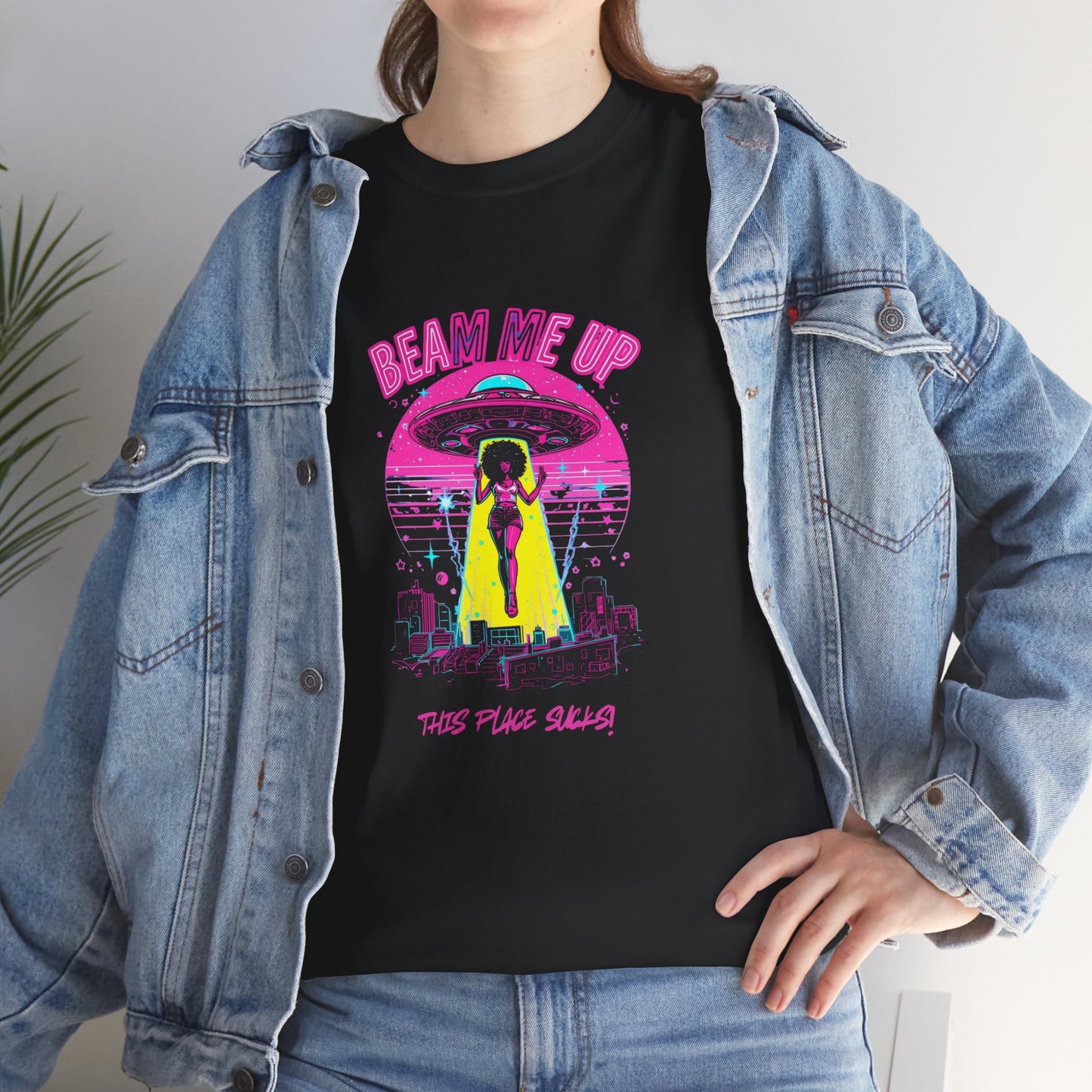 Beam Me Up T‑Shirt — Black Woman Teleport Graphic Tee