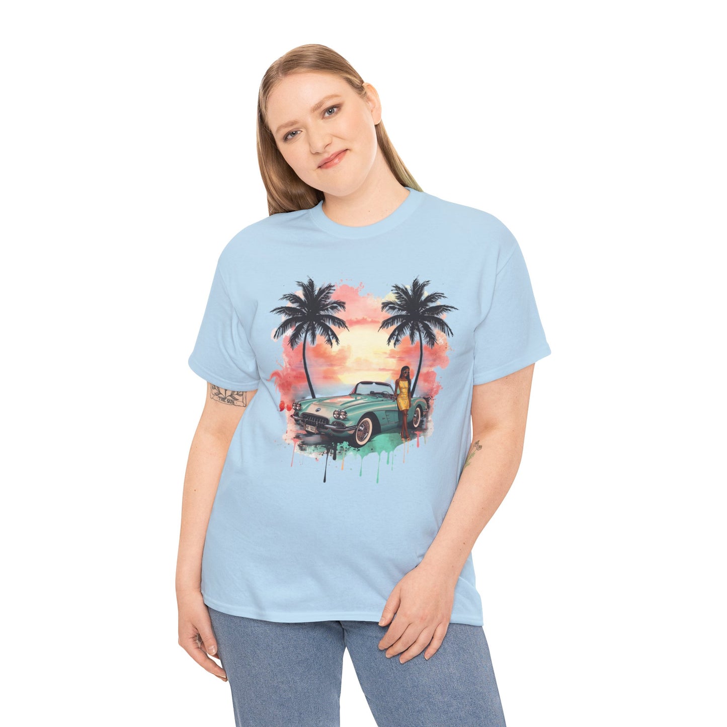 Sunset Muscle Car Tee — African American Woman Graphic T-Shirt