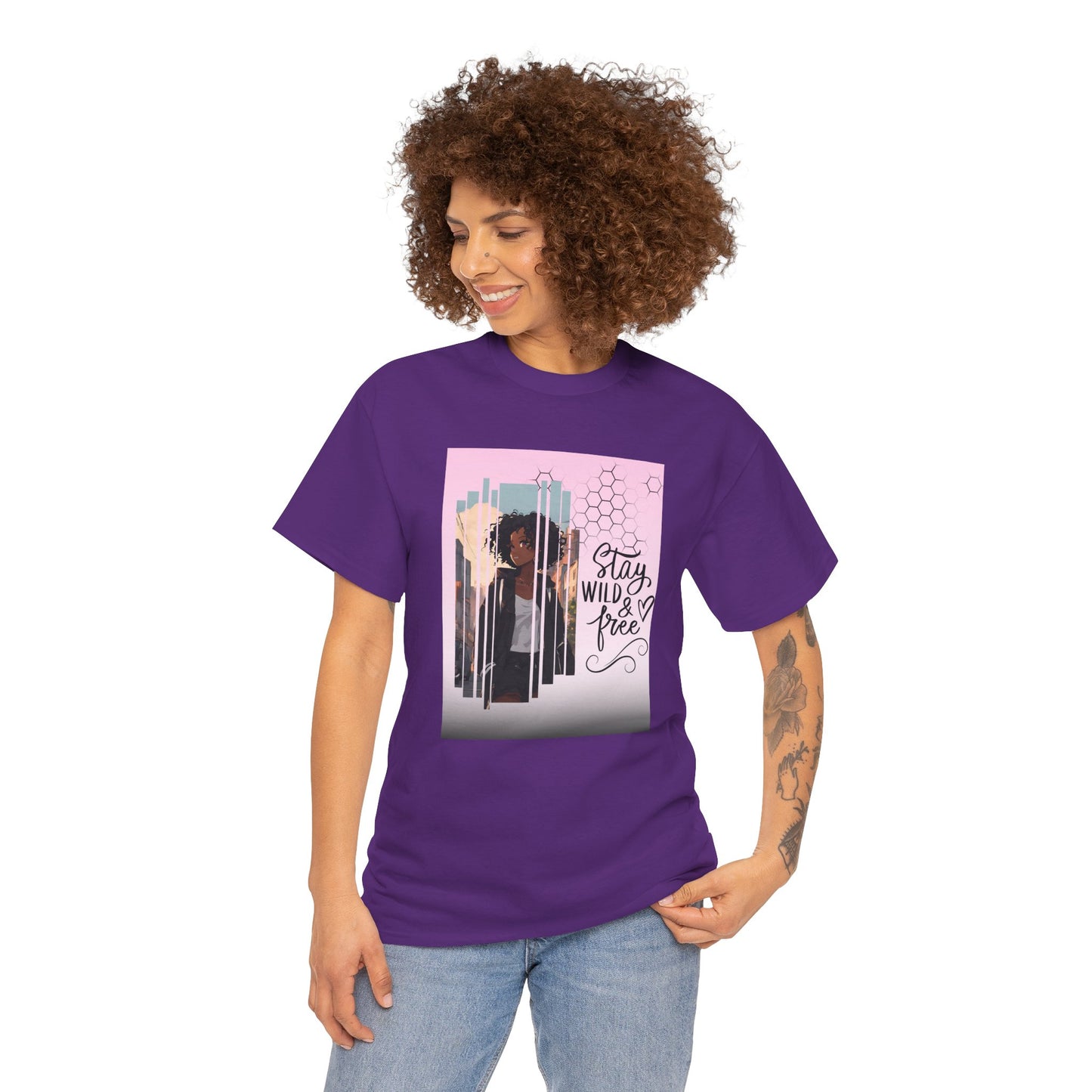 Stay Wild and Free Black Anime Girl City Graphic Tee