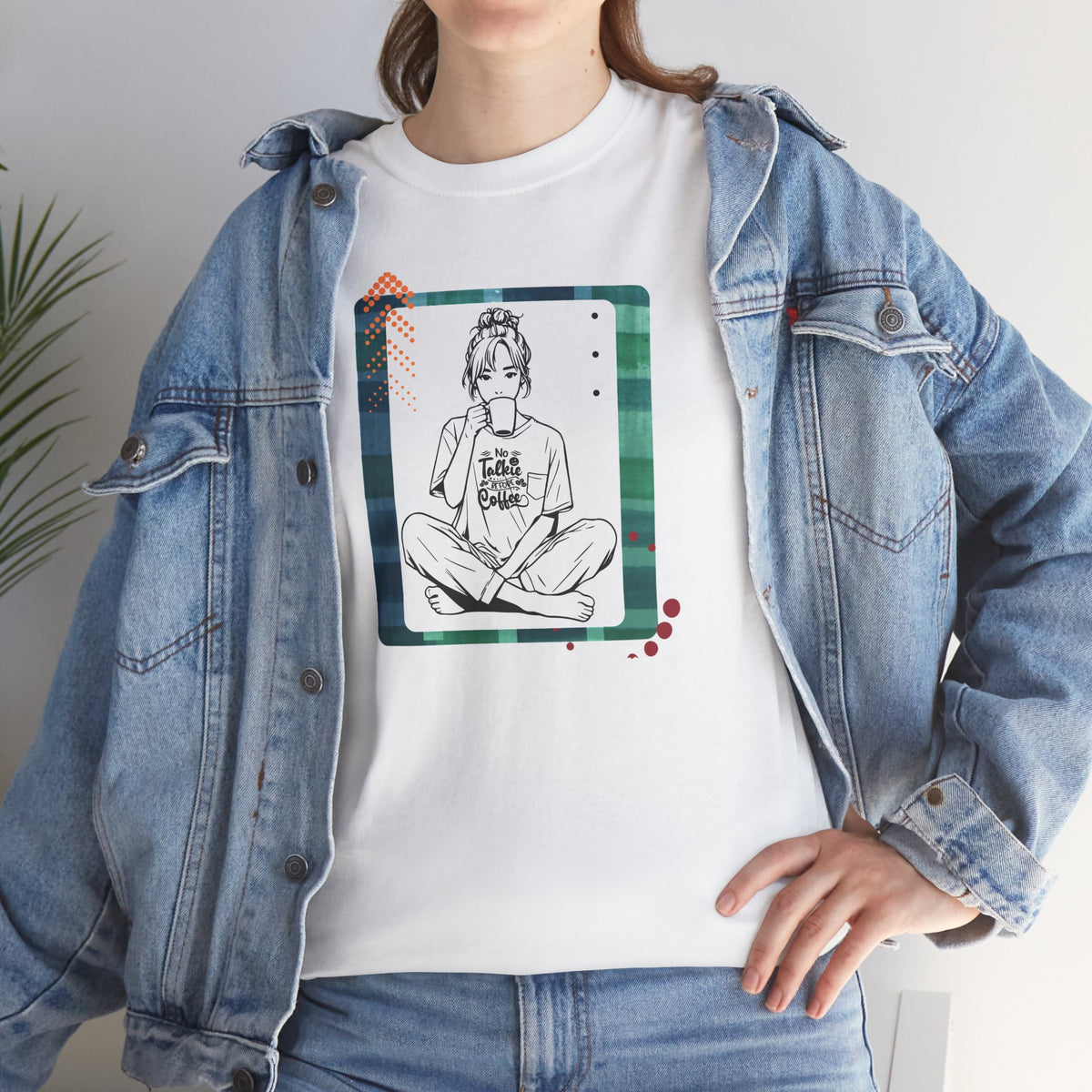 No Talkie Without Coffee T-Shirt — Woman Sitting with Coffee Graphic