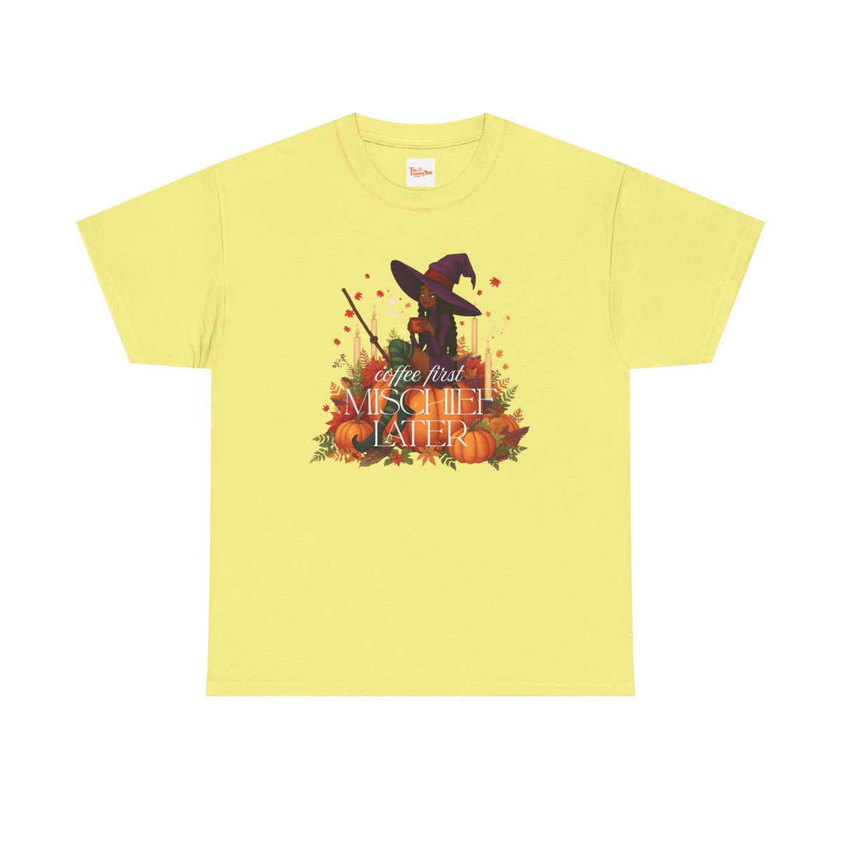 Witchy Pumpkin Patch Tee — "Coffee First, Mischief Later" Black Witch Latte Graphic
