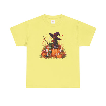 Witchy Pumpkin Patch Tee — "Coffee First, Mischief Later" Black Witch Latte Graphic