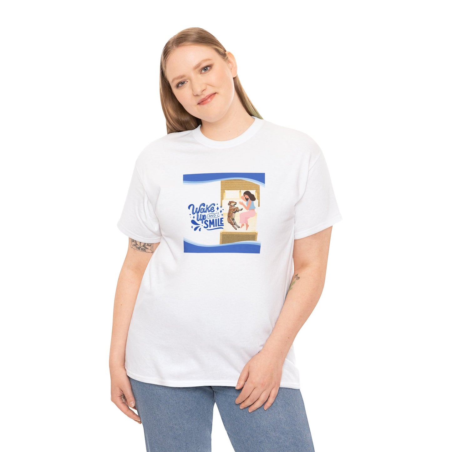 Graphic Tee - Wake up and Smile, Woman and Dog in Bed Design