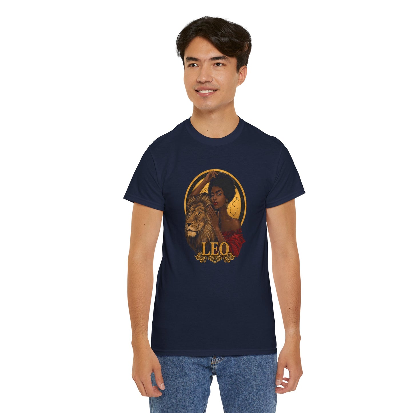 Leo Zodiac Art Nouveau T-Shirt — African American Woman & Lion Graphic
