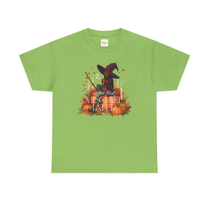 Witchy Pumpkin Patch Tee — "Coffee First, Mischief Later" Black Witch Latte Graphic