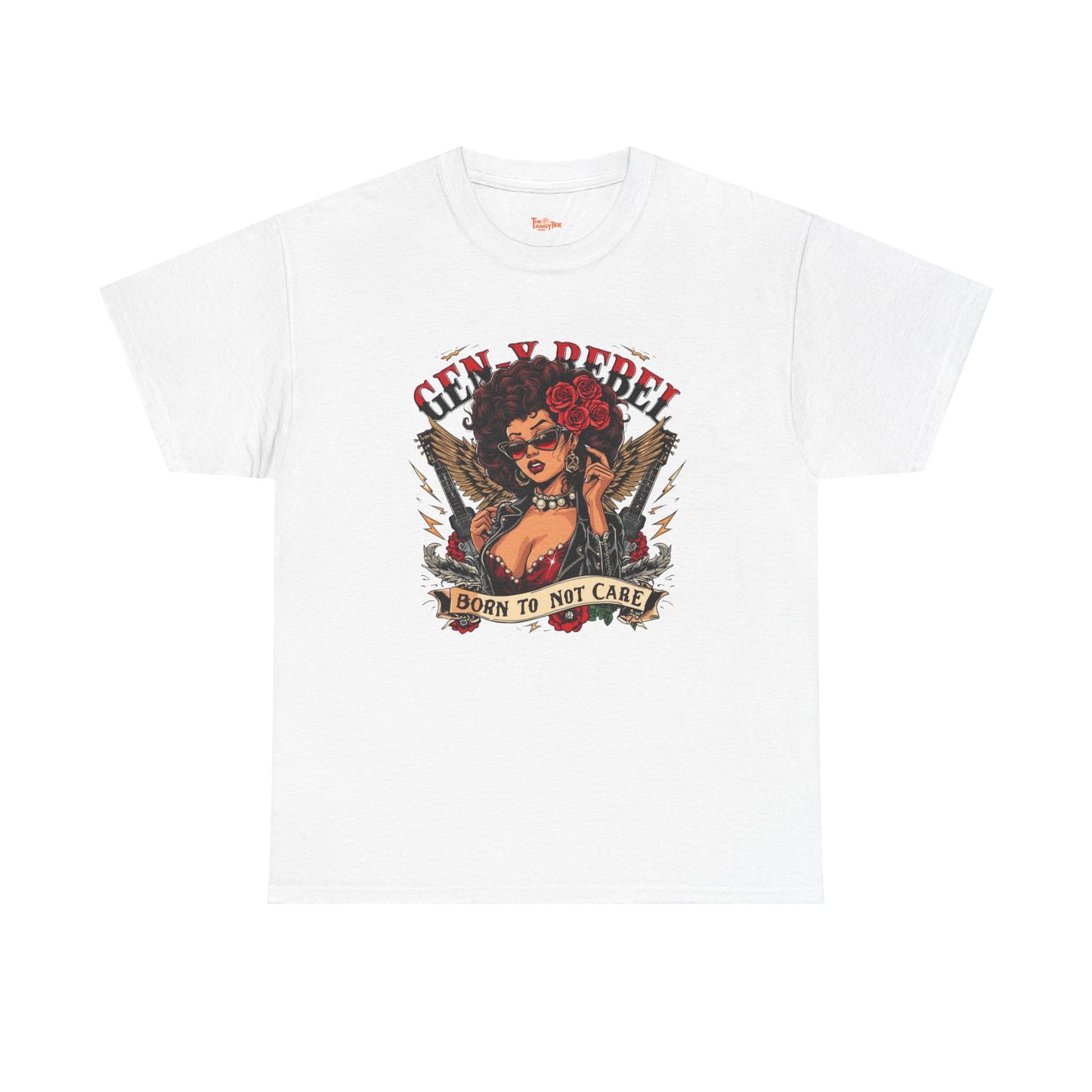 Gen X Rebel T-Shirt — African American Woman with Guitars & Roses Graphic