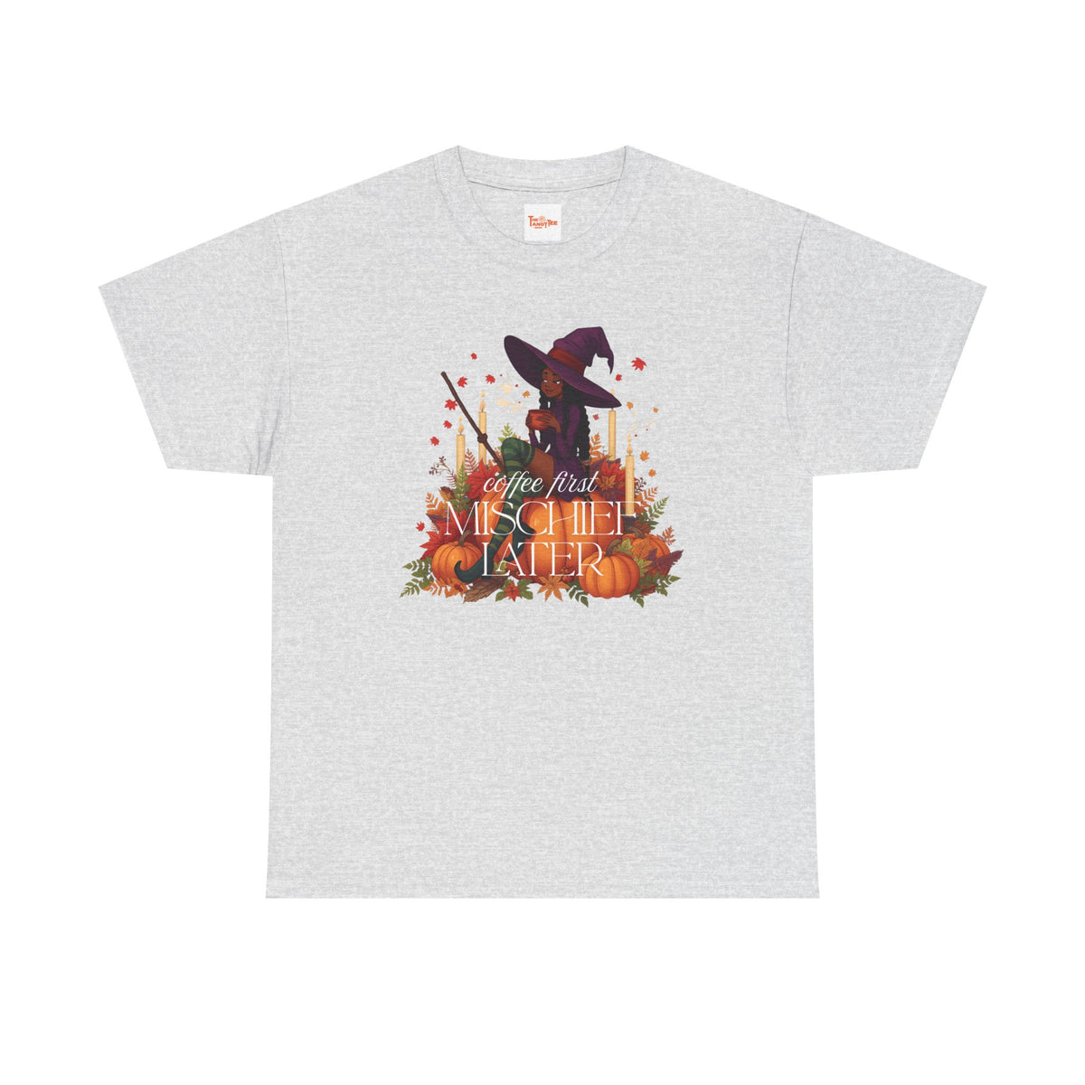 Witchy Pumpkin Patch Tee — "Coffee First, Mischief Later" Black Witch Latte Graphic
