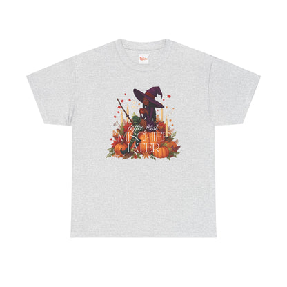 Witchy Pumpkin Patch Tee — "Coffee First, Mischief Later" Black Witch Latte Graphic