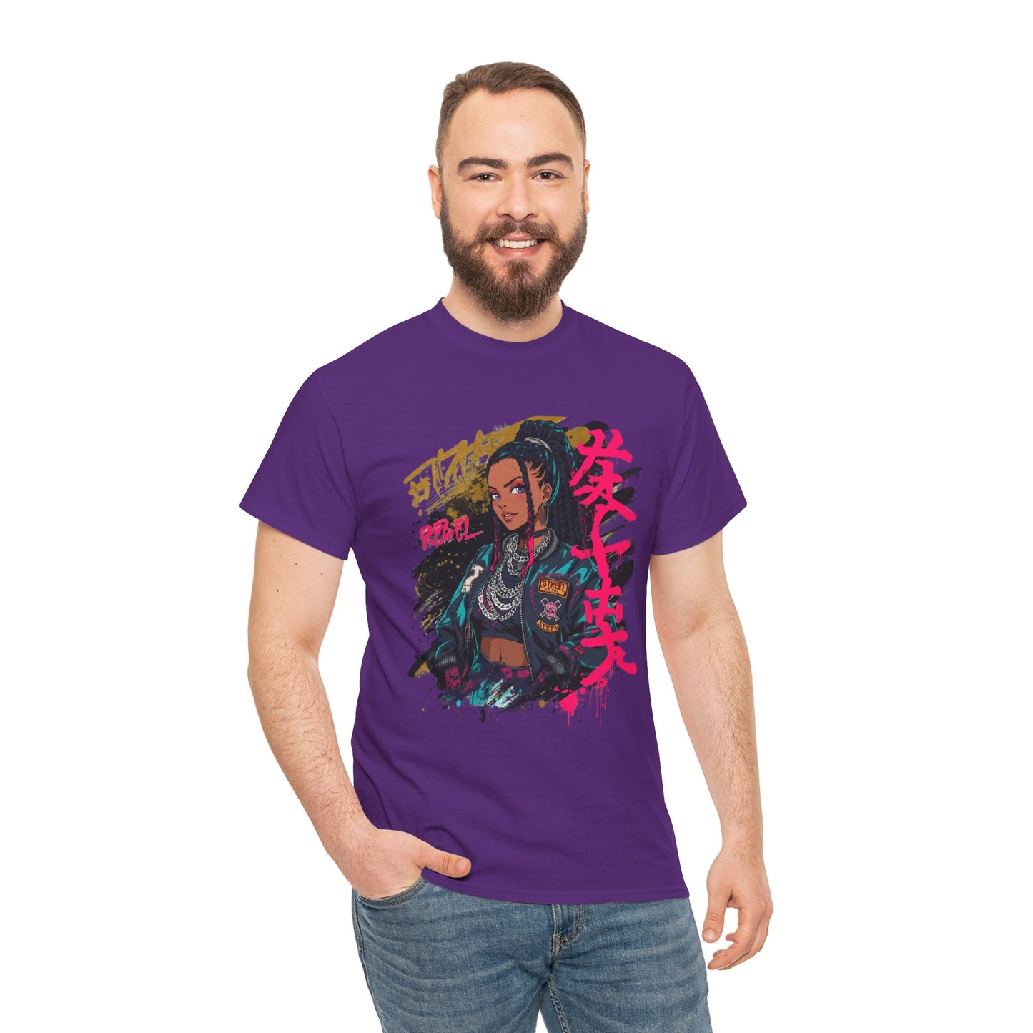 Rebel African American Anime Woman Graphic Tee — Graffiti & Asian Symbol Design