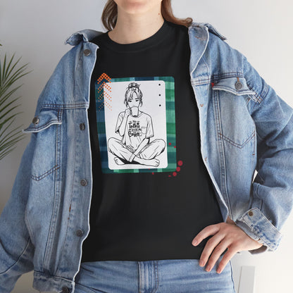 No Talkie Without Coffee T-Shirt — Woman Sitting with Coffee Graphic