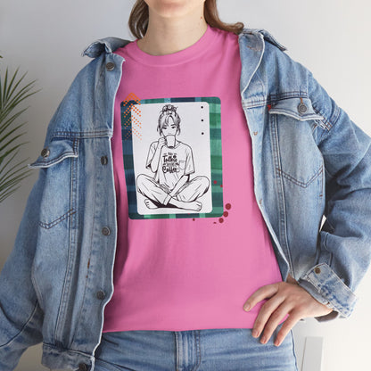 No Talkie Without Coffee T-Shirt — Woman Sitting with Coffee Graphic