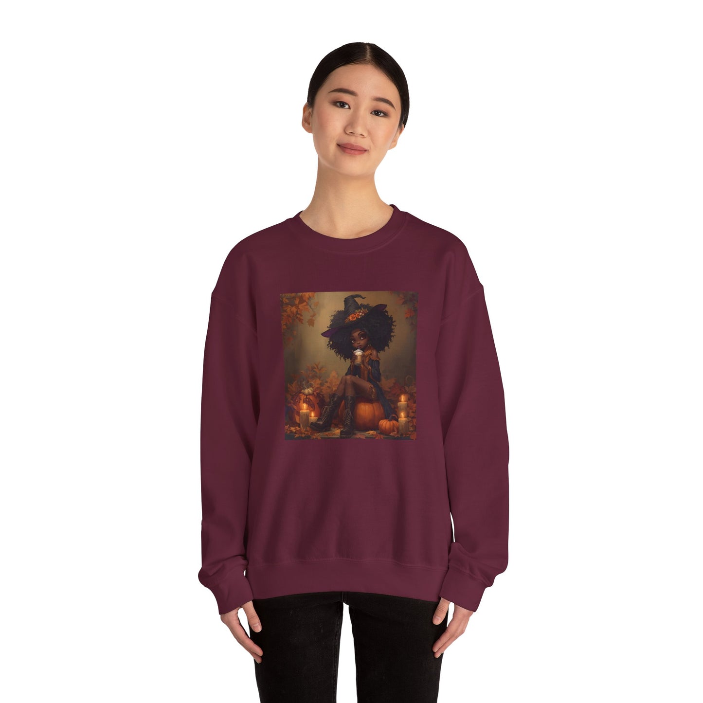 Black Witch Pumpkin Spice Latte Sweatshirt, Halloween Crewneck Jumper