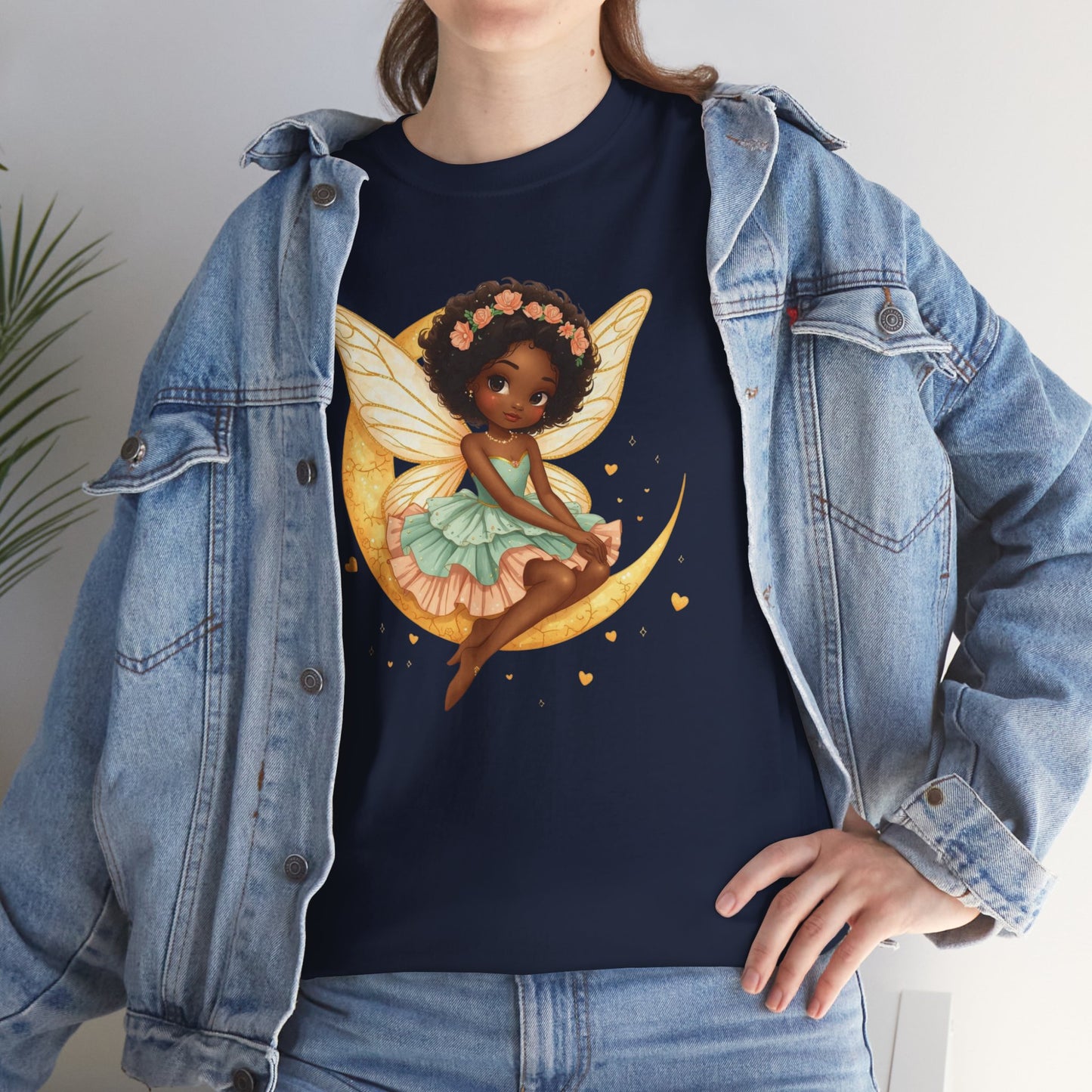 African American Fairy on Crescent Moon T-Shirt — Pink & Mint Fantasy Tee