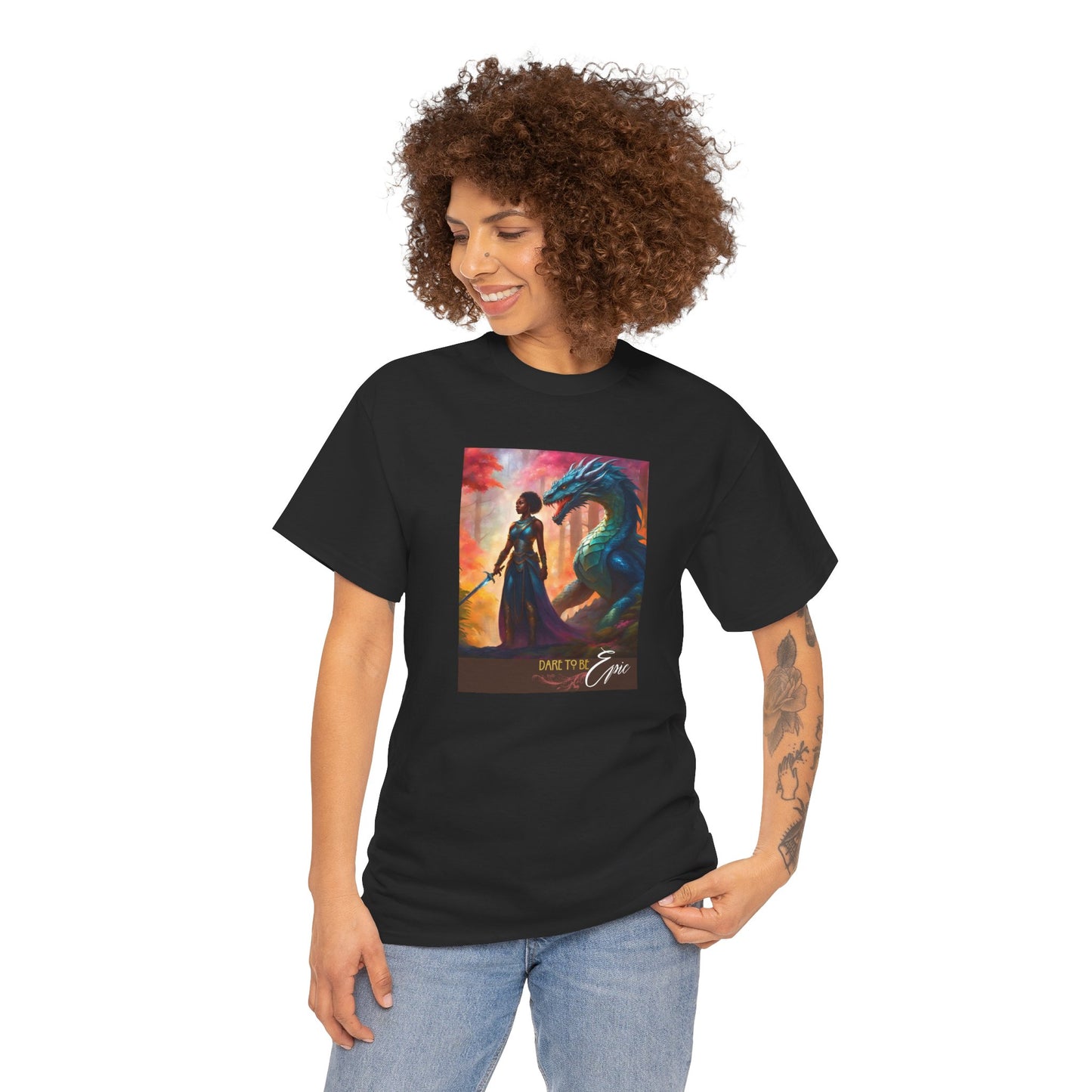 Warrior T-Shirt - Dare to be Epic, Black Woman with Dragon, Fantasy T-Shirt