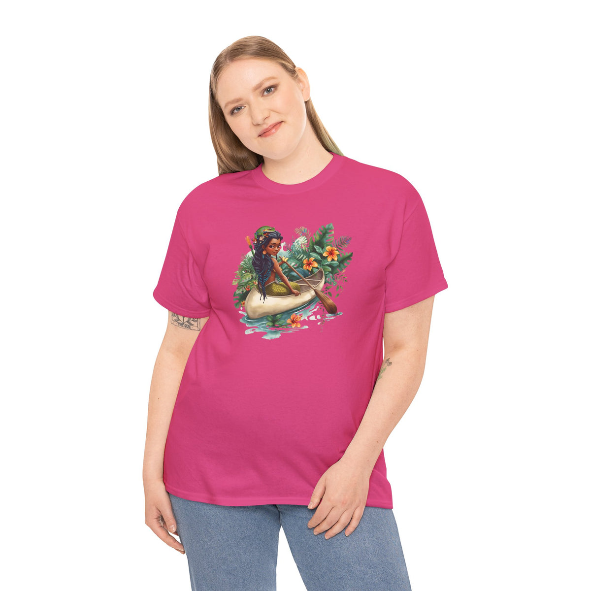 Mermaid Canoe T-Shirt — Black Mermaid Rowing Through Jungle with Frog Graphic