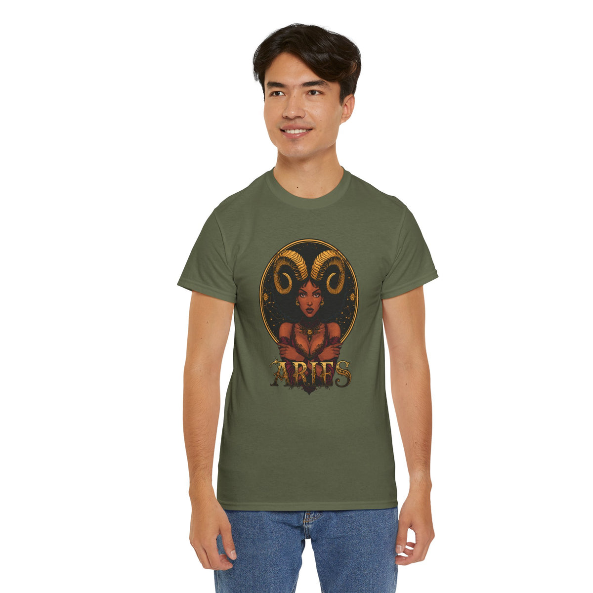 Aries Art Nouveau Tee — African American Woman with Ram Horns Zodiac Graphic