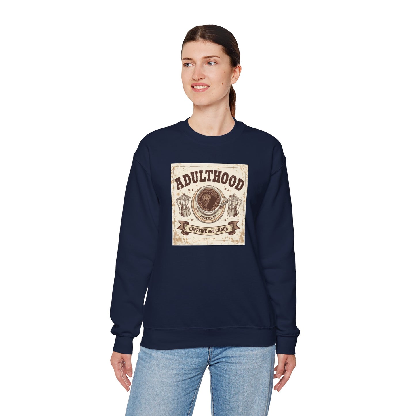 Adulthood Powered by Caffeine and Chaos Sweatshirt — Coffee & Old West Wanted Poster Graphic