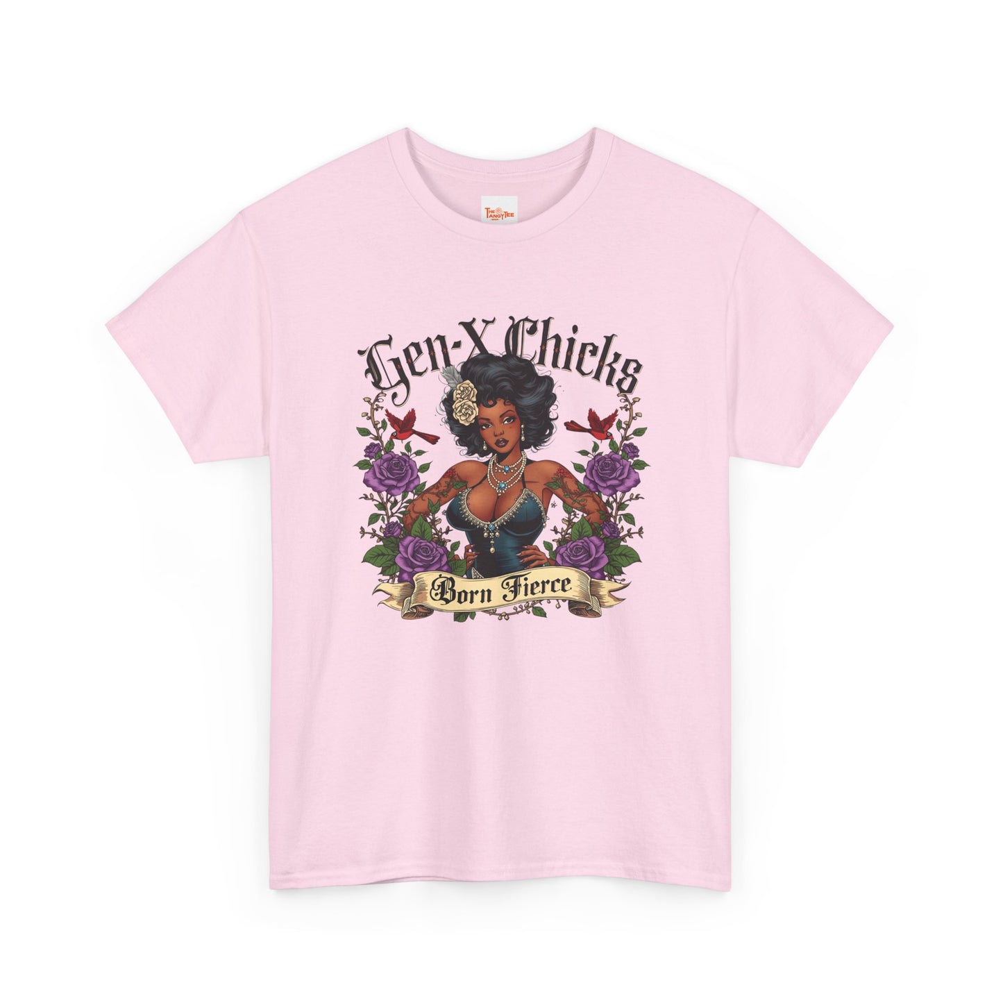 Gen X Chicks Born Fierce T-Shirt — Retro African American Rocker with Purple Flowers