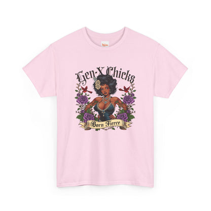 Gen X Chicks Born Fierce T-Shirt — Retro African American Rocker with Purple Flowers