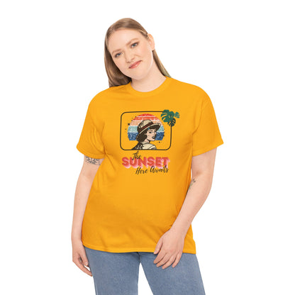 Sunset Awaits Graphic Tee — Woman in Pith Helmet Sunset Design