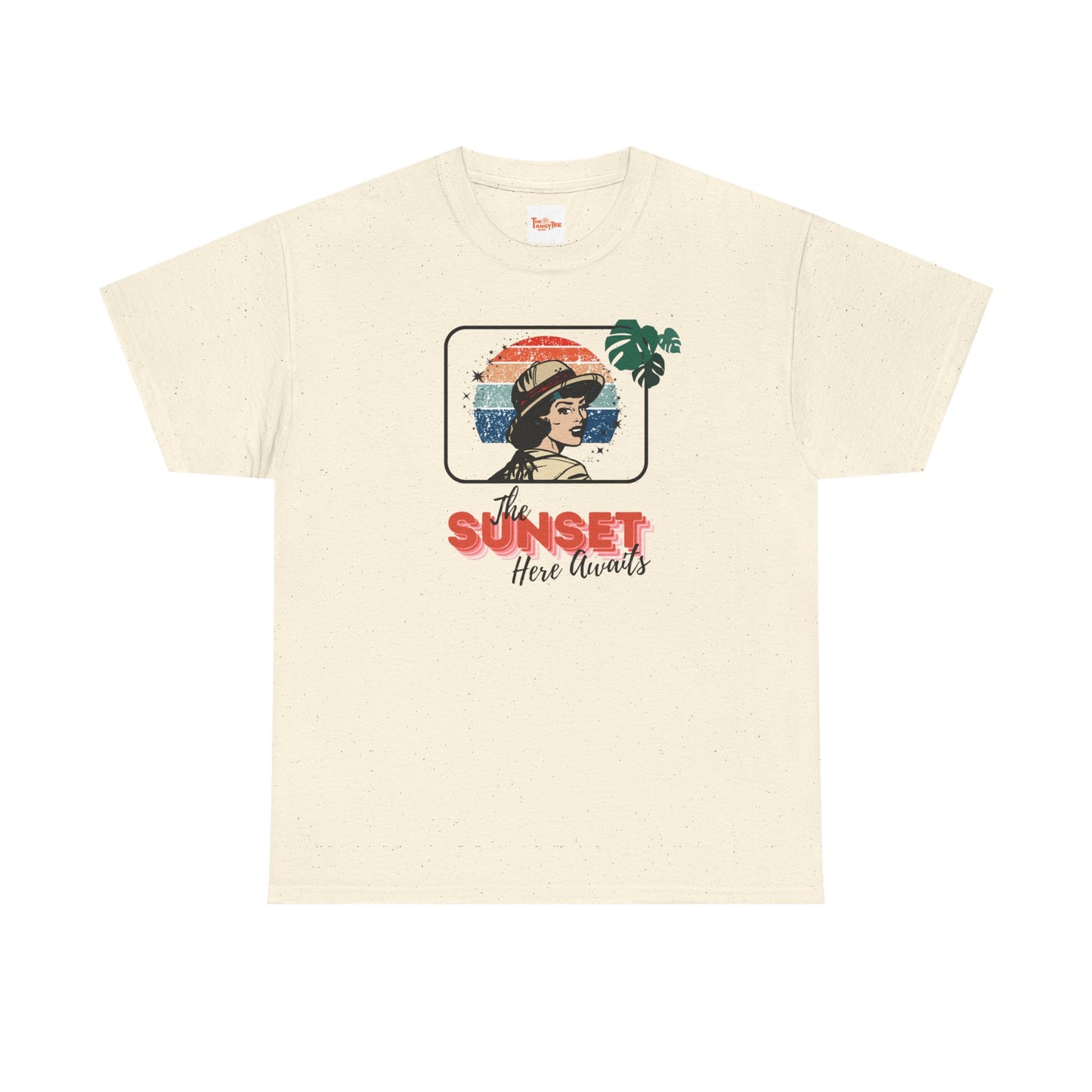 Sunset Awaits Graphic Tee — Woman in Pith Helmet Sunset Design