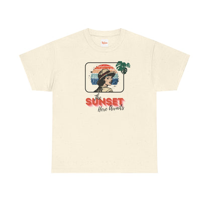 Sunset Awaits Graphic Tee — Woman in Pith Helmet Sunset Design