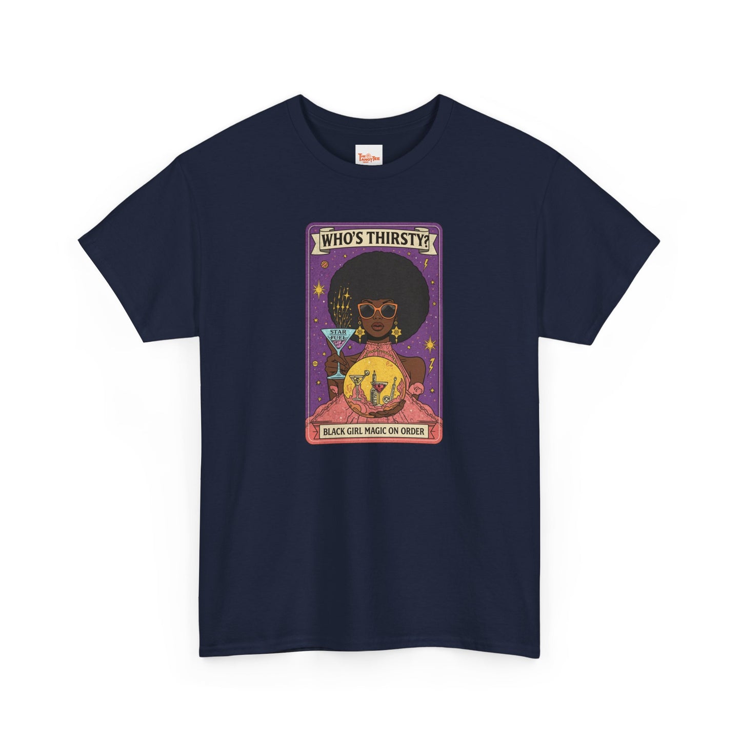 Tarot 'Who's Thirsty?' Graphic T‑Shirt — Retro Afro Witch Cocktail Design