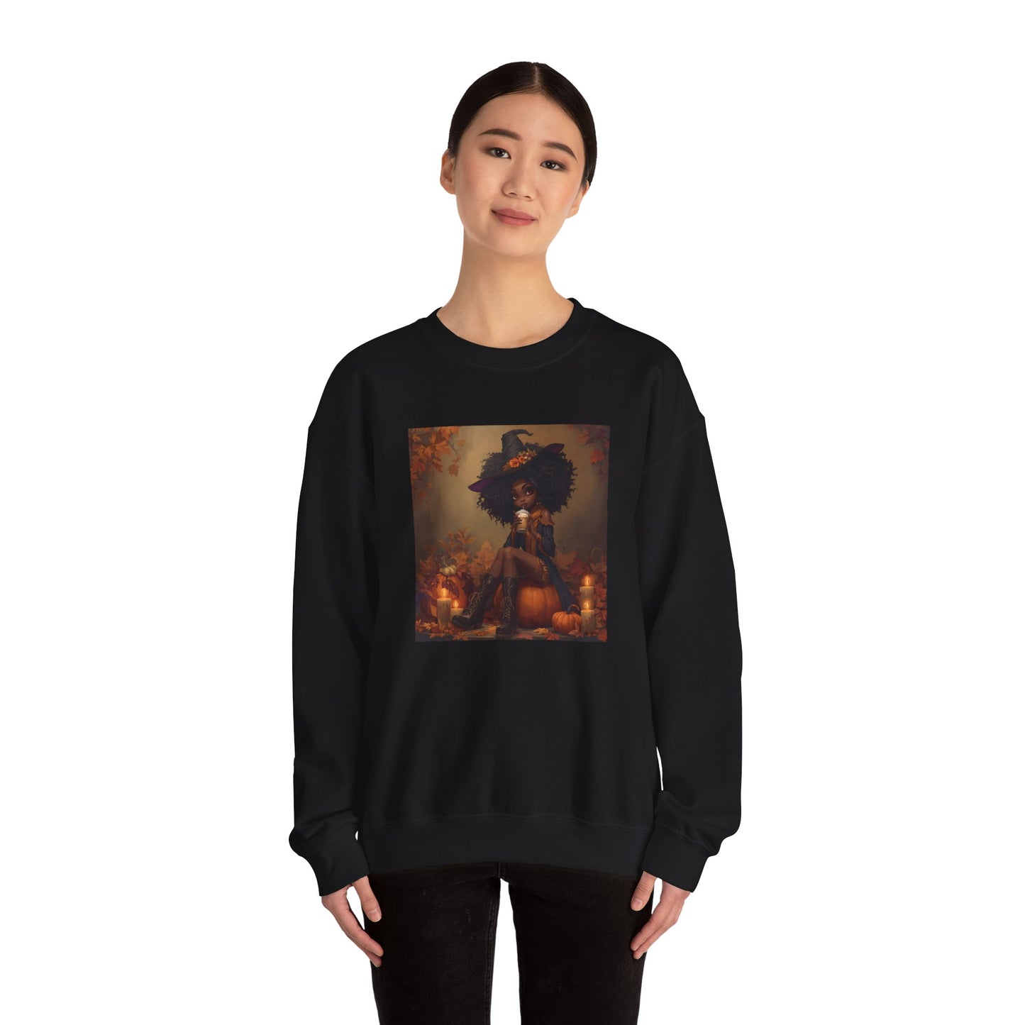 Black Witch Pumpkin Spice Latte Sweatshirt, Halloween Crewneck Jumper