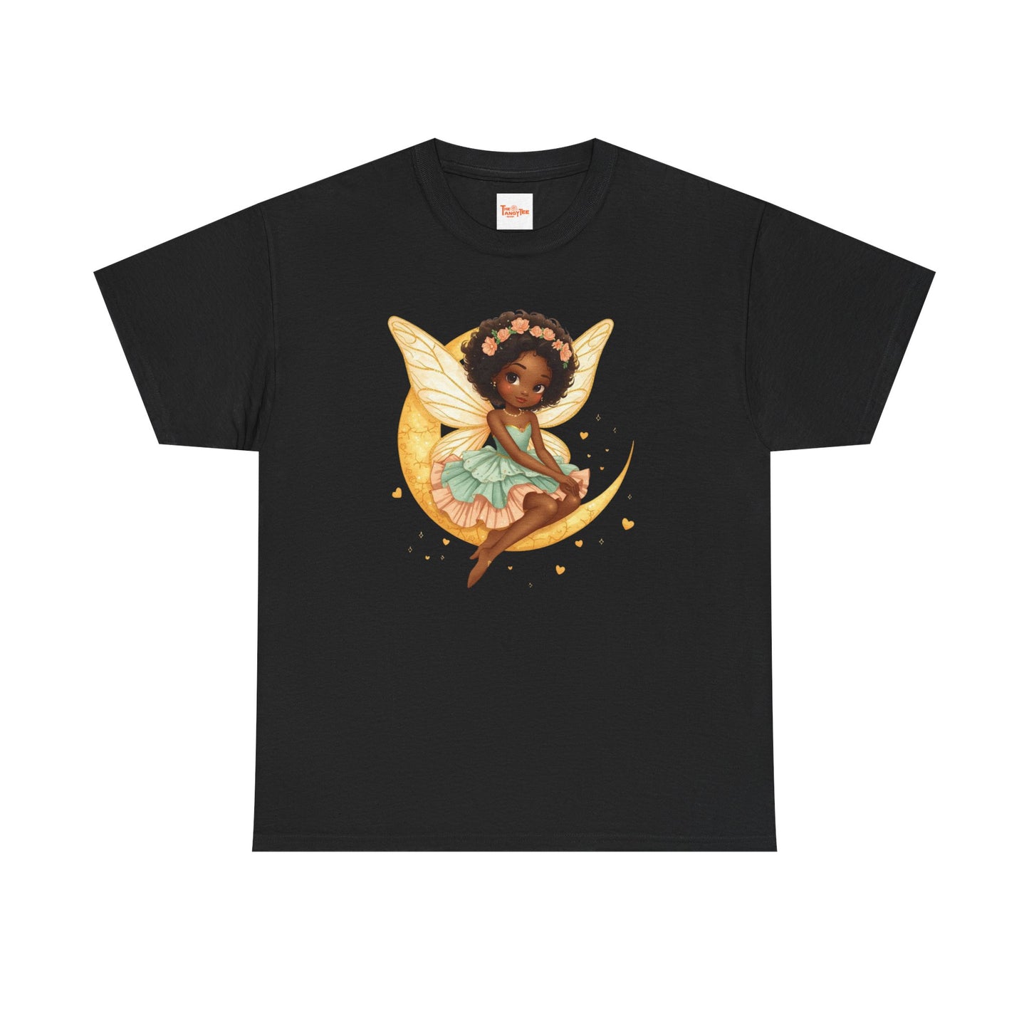 African American Fairy on Crescent Moon T-Shirt — Pink & Mint Fantasy Tee