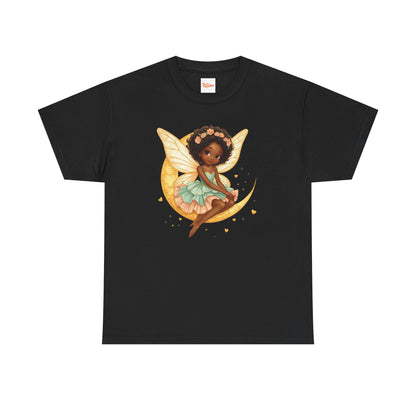 African American Fairy on Crescent Moon T-Shirt — Pink & Mint Fantasy Tee