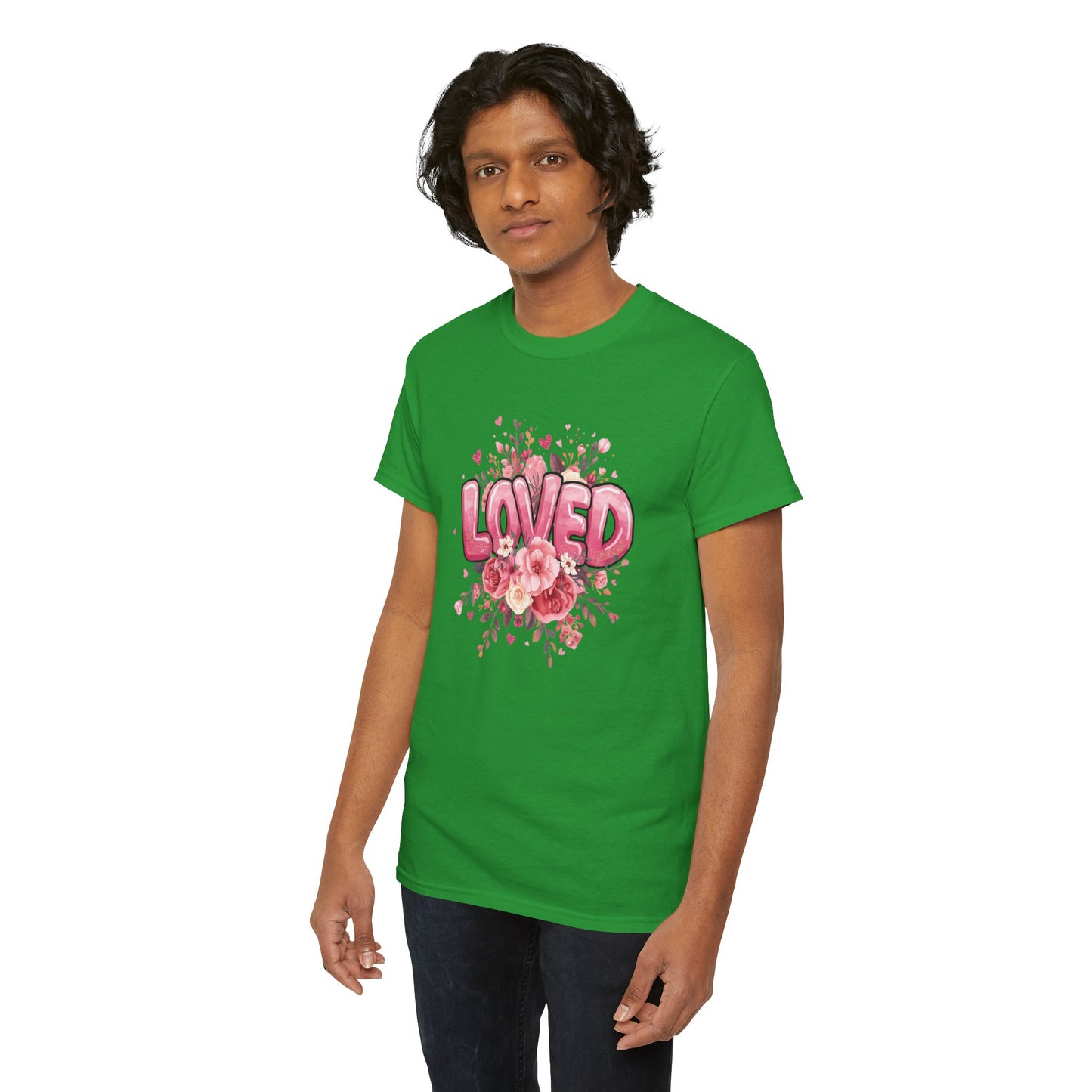 Charming 'Loved' T-Shirt with Pink Bubble Letters & Flower Decor