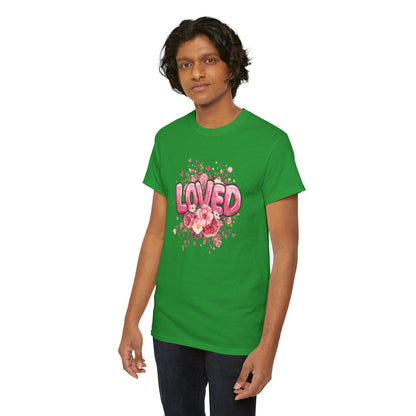 Charming 'Loved' T-Shirt with Pink Bubble Letters & Flower Decor