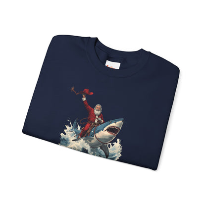 Santa Riding a Shark Sweatshirt — Funny Holiday Shark Claus Crewneck