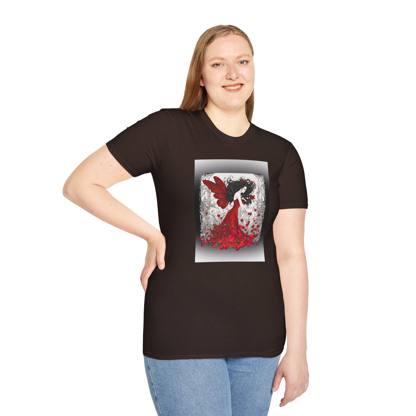 Rose Petal Dress T-Shirt — Dark-Haired Woman Graphic