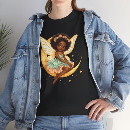 African American Fairy on Crescent Moon T-Shirt — Pink & Mint Fantasy Tee