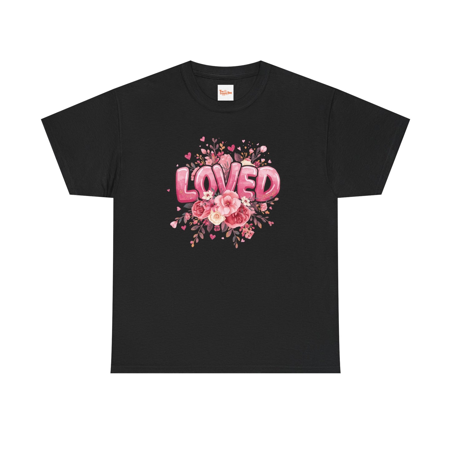 Charming 'Loved' T-Shirt with Pink Bubble Letters & Flower Decor