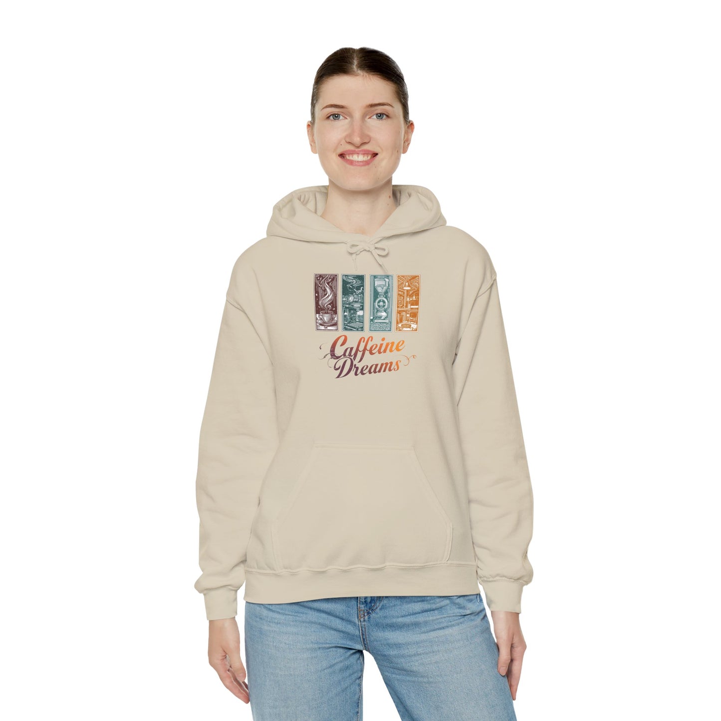 Caffeine Dreams Hoodie — Four-Panel Coffee Graphic