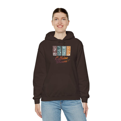 Caffeine Dreams Hoodie — Four-Panel Coffee Graphic