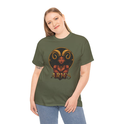 Aries Art Nouveau Tee — African American Woman with Ram Horns Zodiac Graphic